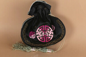 Chinese Style Black Satin Tassels Small Drawstring Bag